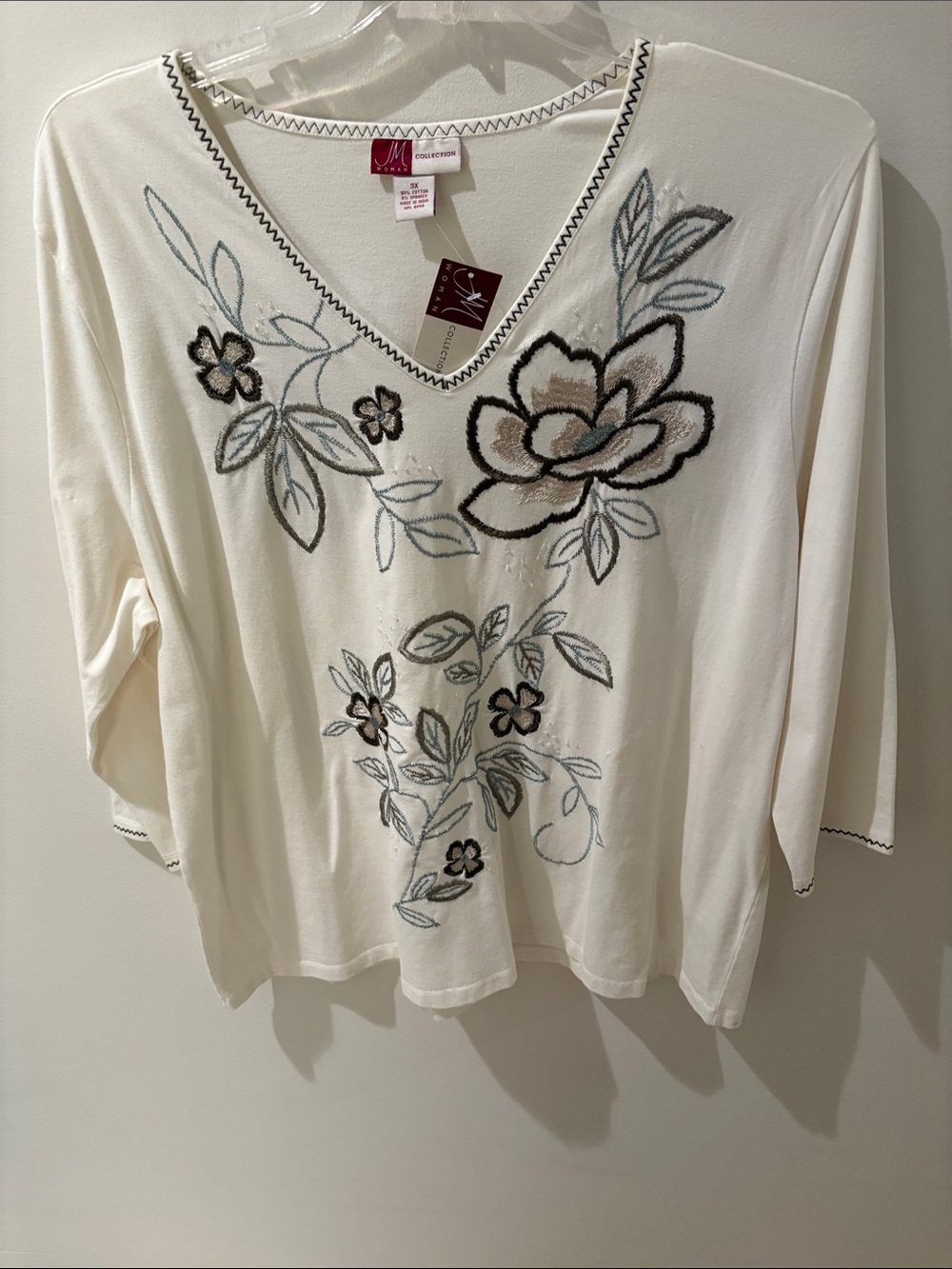 Worthington Cream V-Neck Floral Embroidered Tunic